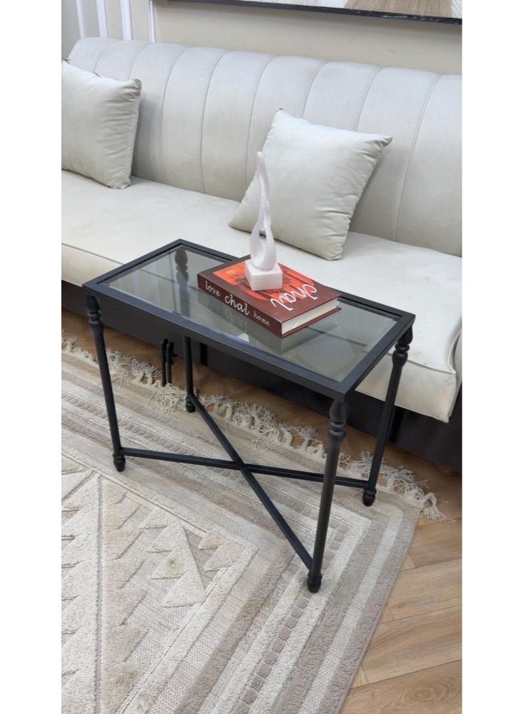 متجر نايس طاولة جانبية مودرن بسطح زجاجي وهيكل معدني أسود - للقهوة والخدمة. - Image 2